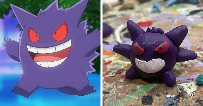 Side-by-side comparison of a favorite Pokémon and a poorly-made clay version with exaggerated features on a paint-splattered surface.