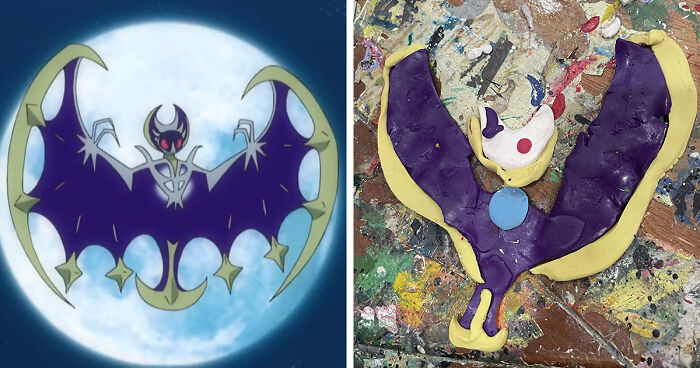 Side-by-side image of a cartoon bat-like character and a poorly-made favorite Pokémon clay figure on a messy surface.