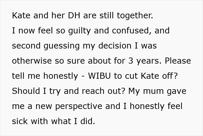 Text discussing feelings of guilt and confusion after cutting off a friend who stayed in an abusive marriage. Text discussing feelings of guilt and confusion after cutting off a friend who stayed in an abusive marriage.