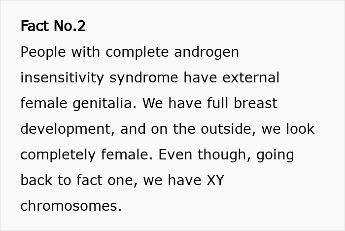 Text explaining that intersex woman with XY chromosome has female external genitalia and full breast development. Text explaining that intersex woman with XY chromosome has female external genitalia and full breast development.