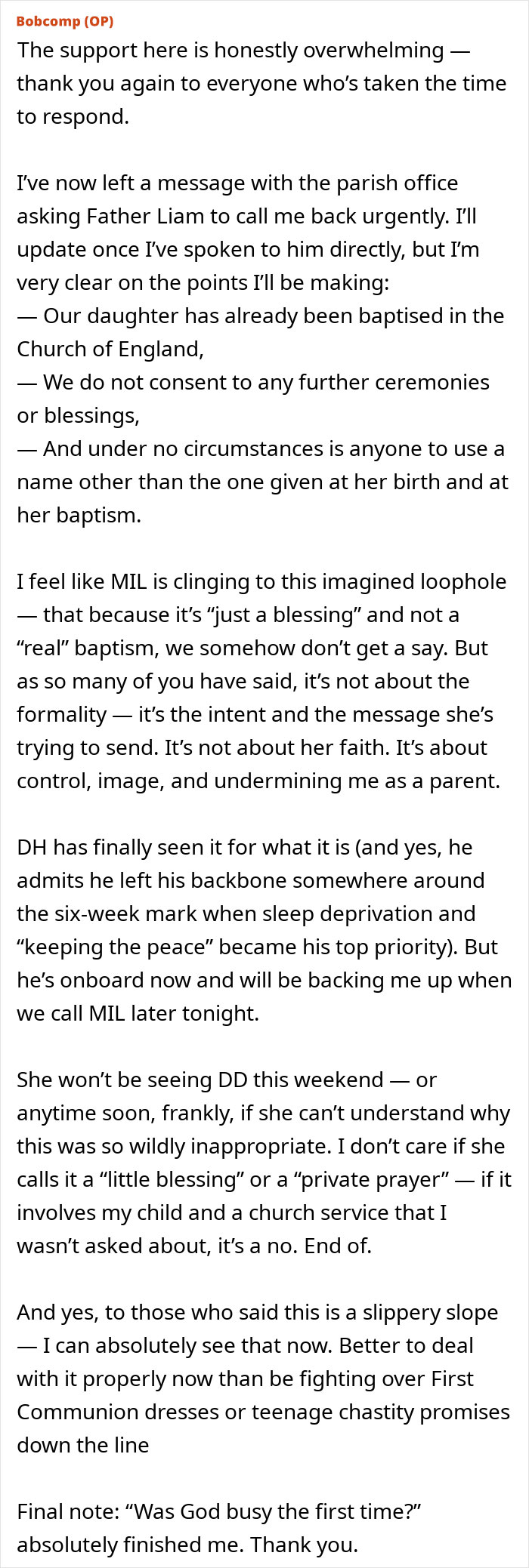 Text message discussing MIL demanding a more Christian baby name and mom feeling uncomfortable about church blessings.