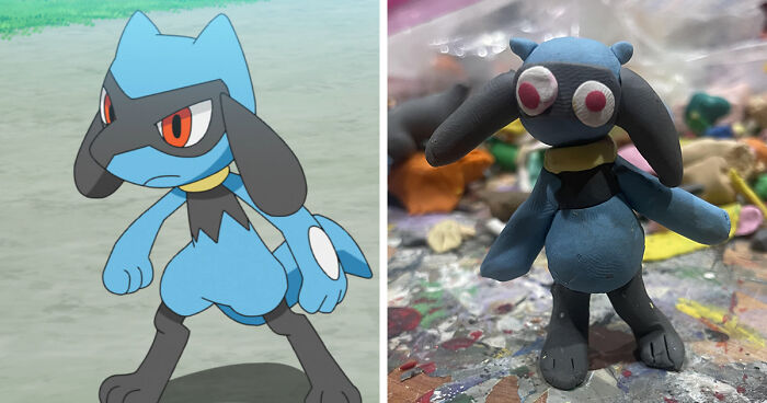 Comparison of poorly-made favorite Pokemons clay figure next to original animated Pokemon character image.