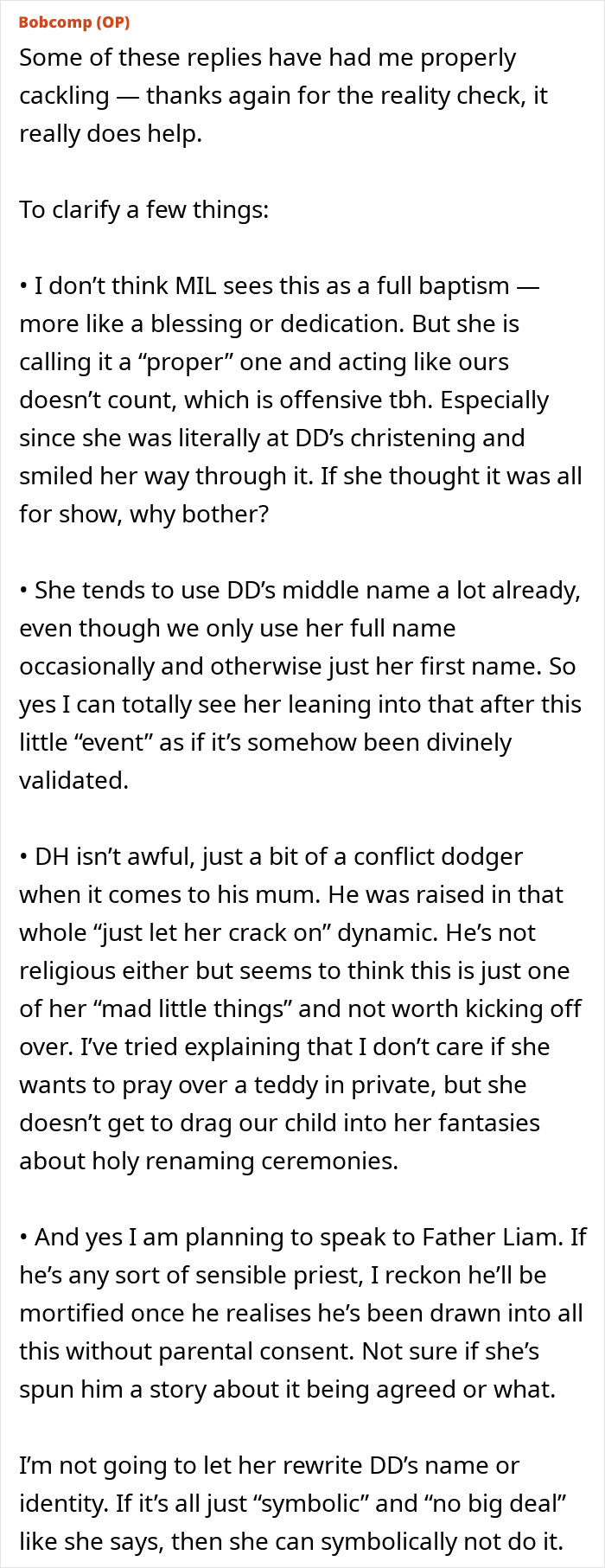 Text post discussing MIL demanding a more Christian baby name, mom feeling uncomfortable with religious renaming.