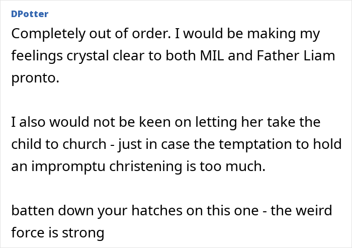 Comment from DPotter discussing MIL demanding a more Christian baby name and concerns about church involvement.