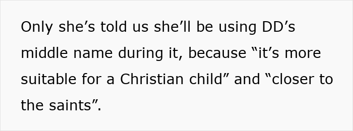 Text excerpt discussing MIL demanding a baby get a more Christian name, causing the mom to feel very uncomfortable.