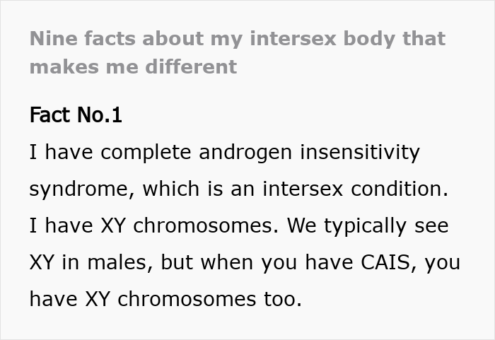 Text explaining complete androgen insensitivity syndrome and having XY chromosomes as an intersex woman with differences. Text explaining complete androgen insensitivity syndrome and having XY chromosomes as an intersex woman with differences.
