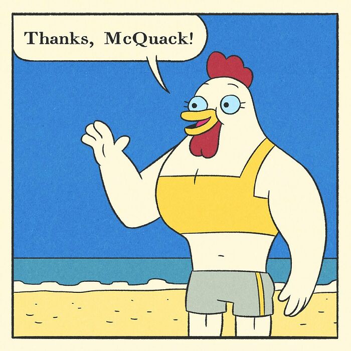 Comic panel showing a bodybuilding duck encouraging friends at the gym with a friendly and soft-hearted expression.