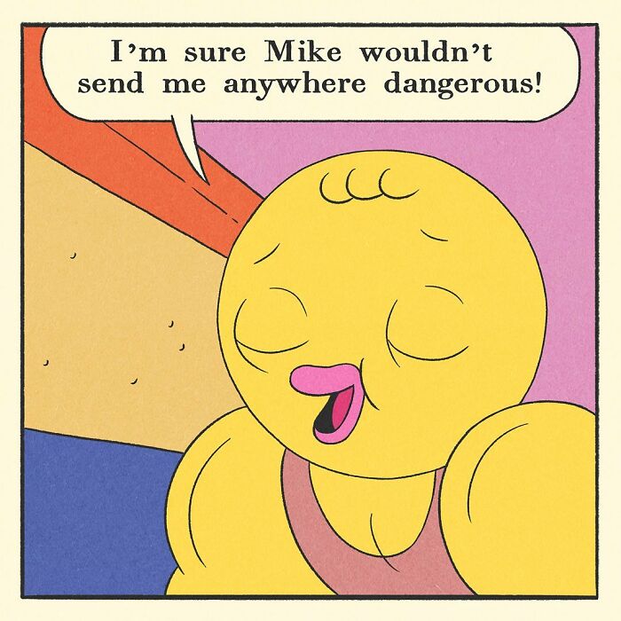 Bodybuilding duck with a soft heart gently holding a cat character’s foot on a blue couch in a colorful comic scene.