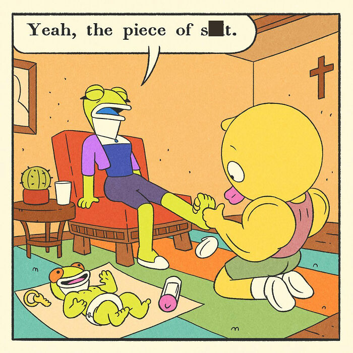 Comic panel showing a close-up of two characters holding hands, illustrating the bodybuilding duck with a soft heart theme.