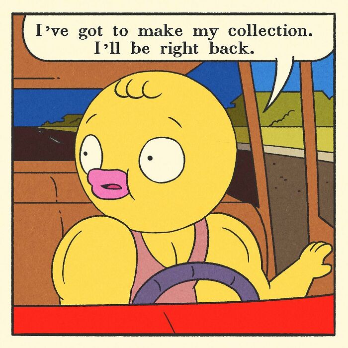 Colorful comic scene showing a cartoon duck character driving a red car past a house with a backyard grill overturned.