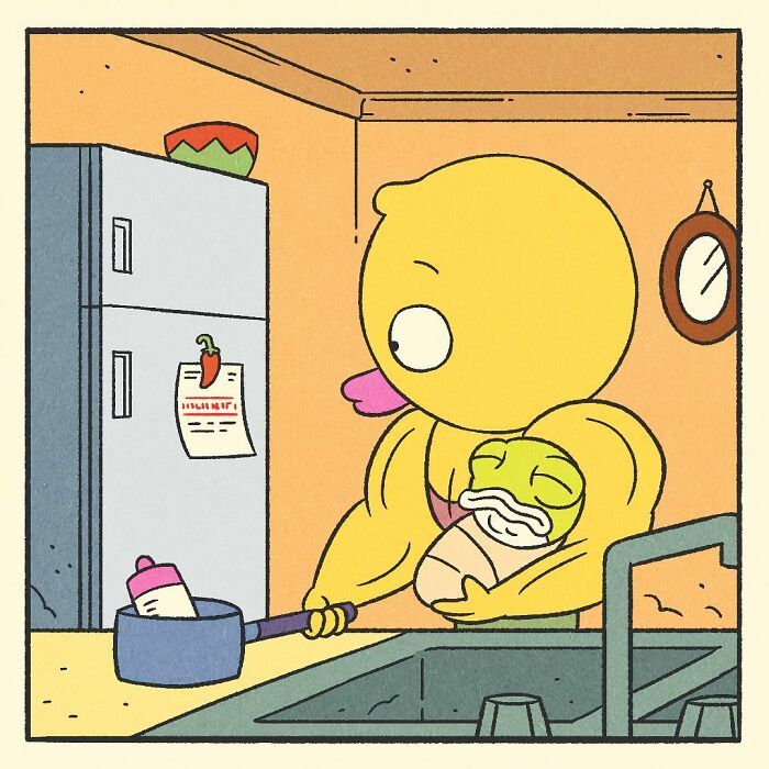 Muscular cartoon duck feeding a baby with a bottle, showing a mix of bodybuilding strength and soft heart in a comic style.