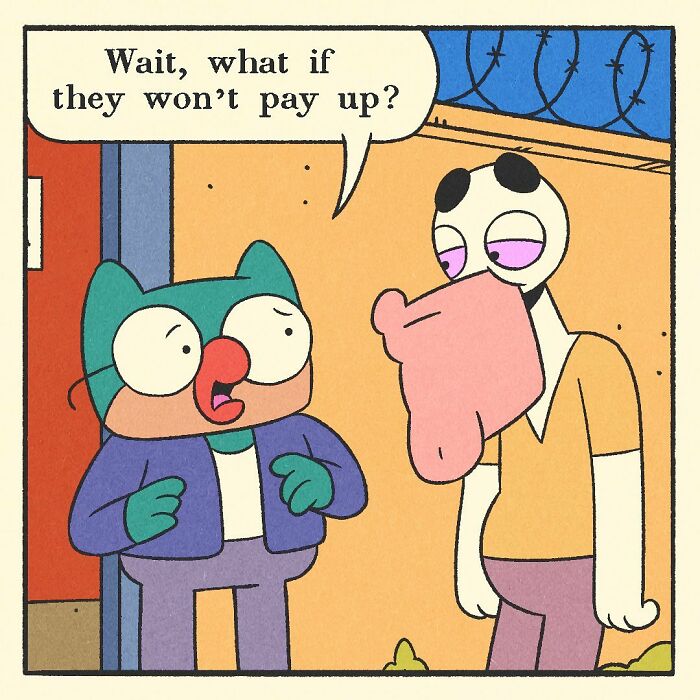 Cartoon comic featuring a bodybuilding duck character with a soft heart standing by a door with no entry sign.