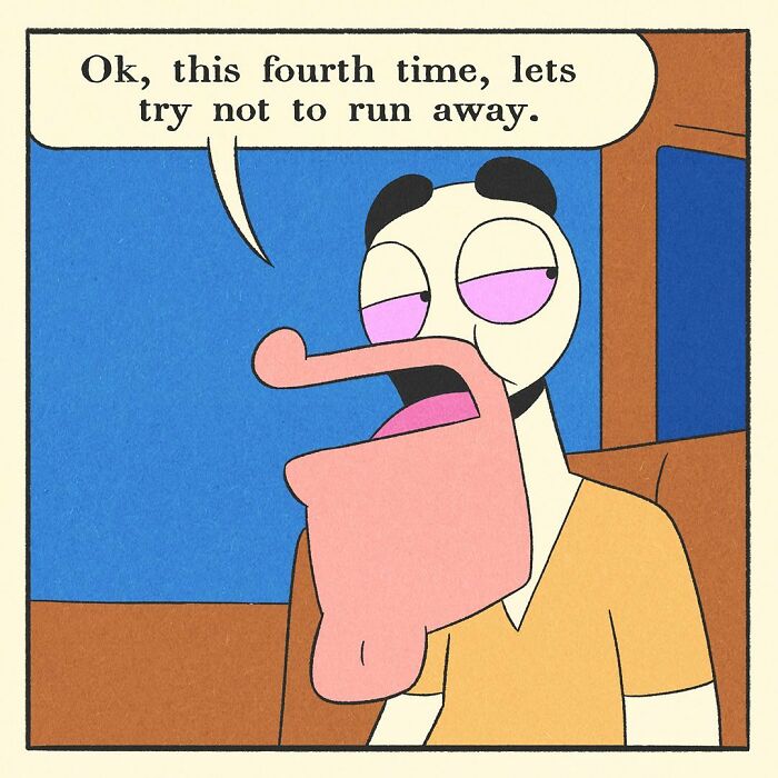 Bodybuilding duck with a soft heart and a worried cat character sitting in a car, expressing they make a bad team.