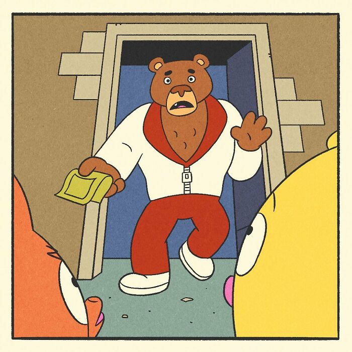 Bodybuilding duck with muscular arms standing next to an orange fox and a frog holding money outside a barbed wire fence.