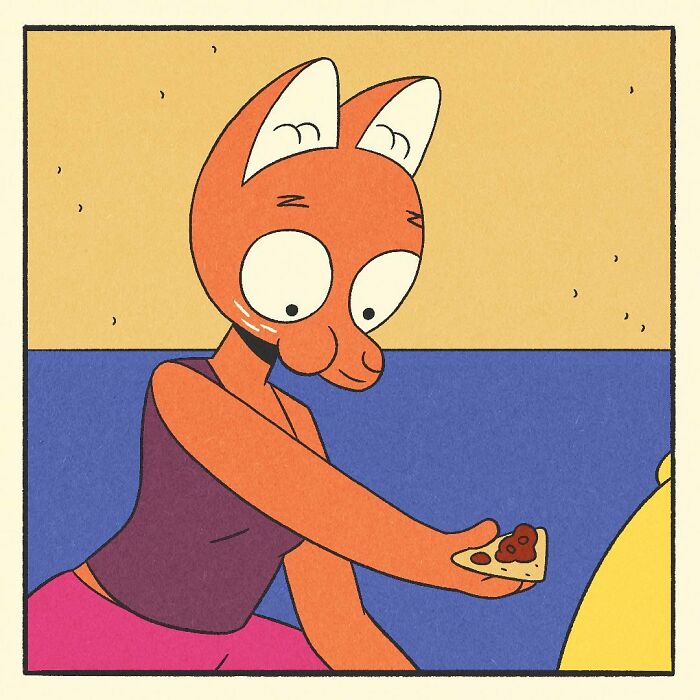 Muscular yellow duck gently massaging the foot of a relaxed fox character in a colorful comic scene.
