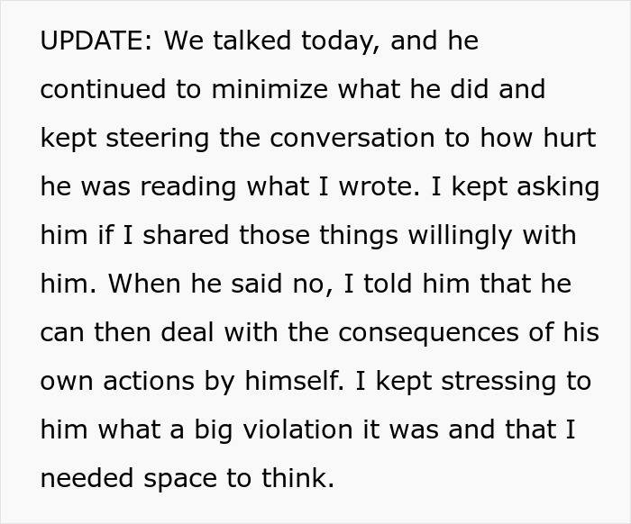 Man reads wife’s diary behind her back and gets upset, causing tension and a need for space to think. Man reads wife’s diary behind her back and gets upset, causing tension and a need for space to think.