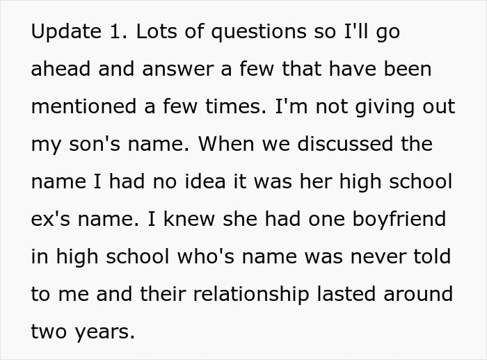 Text update explaining husband feels sick after realizing who their son is named after, discussing h**h school ex's name. Text update explaining husband feels sick after realizing who their son is named after, discussing h**h school ex's name.
