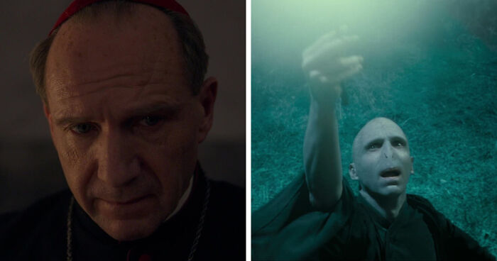 Close-up images of the same actor portraying two vastly different characters in dark and dramatic scenes.