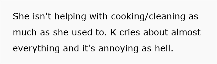 Text on a white background expressing frustration about a pregnant roomie not helping with cooking or cleaning as before.