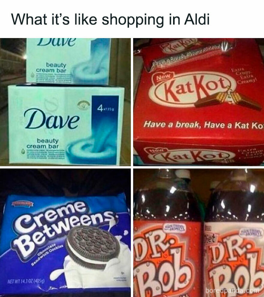 Aldi brand knockoffs of popular snacks showcasing British humor and meme culture in packaging design.