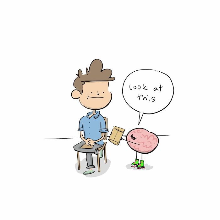 Cartoon of a person sitting with a smirk, illustrating a funny comic about arguing with their own brain.