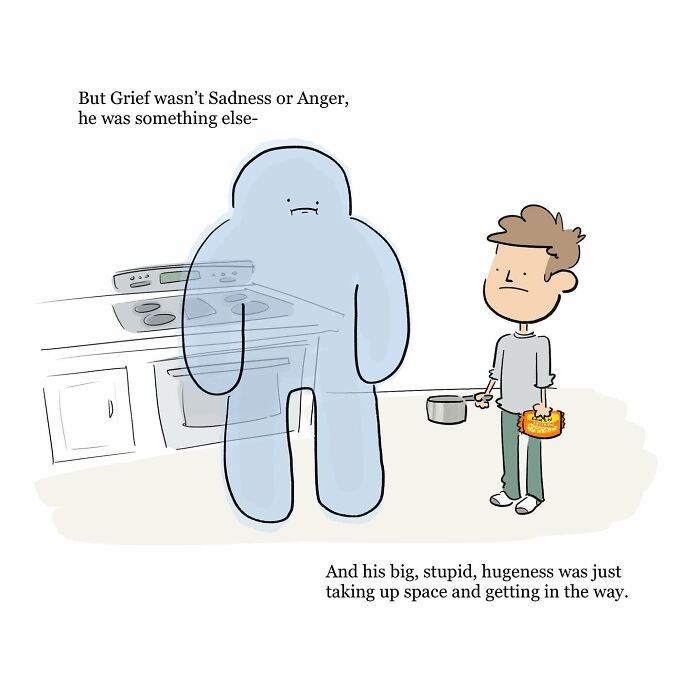 Illustration of a person sitting beside a large blue figure on a couch, depicting grief and inner struggle in funny comics.