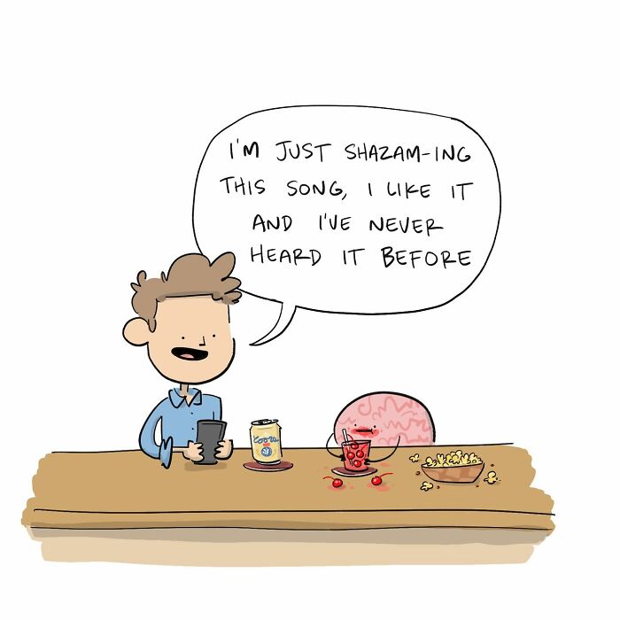 A funny comic showing a person arguing with their own brain at a bar with drinks and snacks.