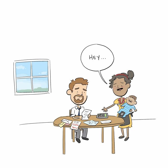 Cartoon of a man and woman with baby discussing budgeting in a funny comic about arguing with their own brain.