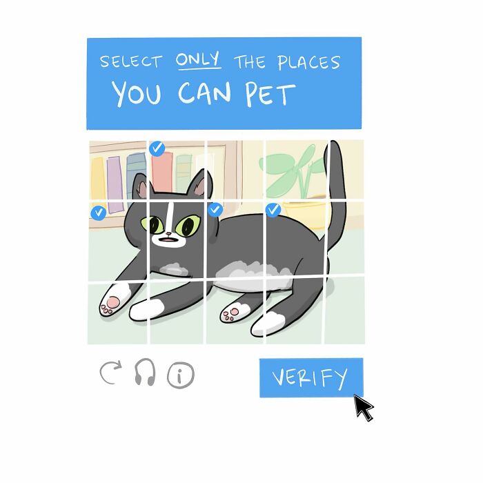 Hand-drawn comic showing a checkbox labeled Im not a robot with a submit button and cursor pointer.