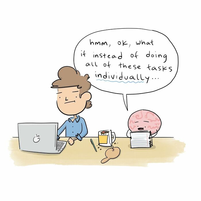 Person working on laptop being distracted by a funny comic brain with a paddle, illustrating arguing with their own brain.