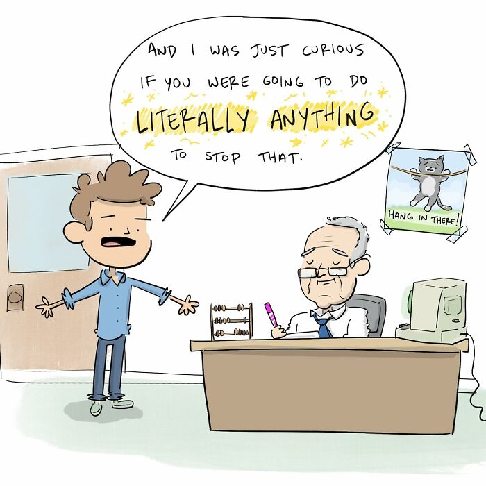 Cartoon of a frustrated person outside DNC headquarters with a fallen plant, illustrating funny comics about arguing with your brain.