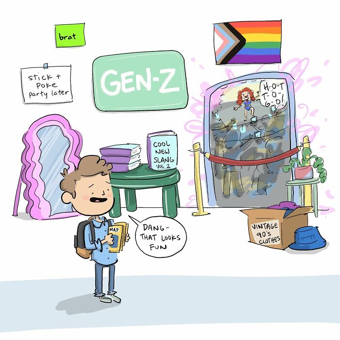 Cartoon showing a person approaching Age-Con building with a 2024 blimp and cars under spotlights in a funny comic style.