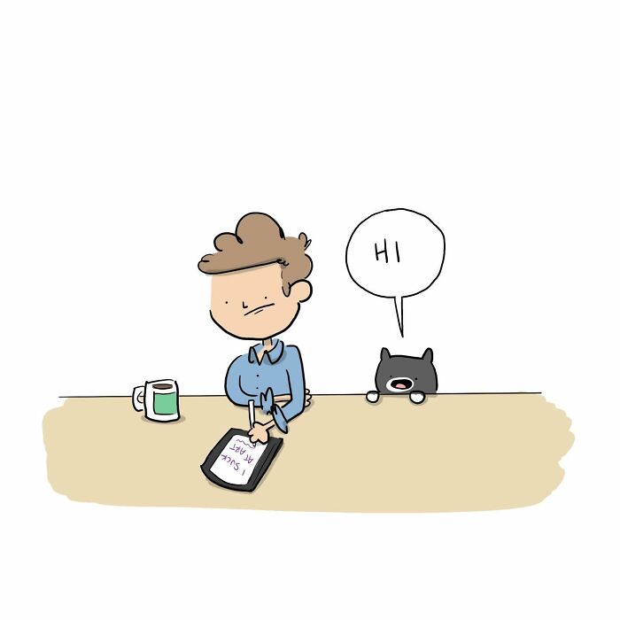 Cartoon of a person smiling at a table with a mug and a tablet showing a funny comics drawing.