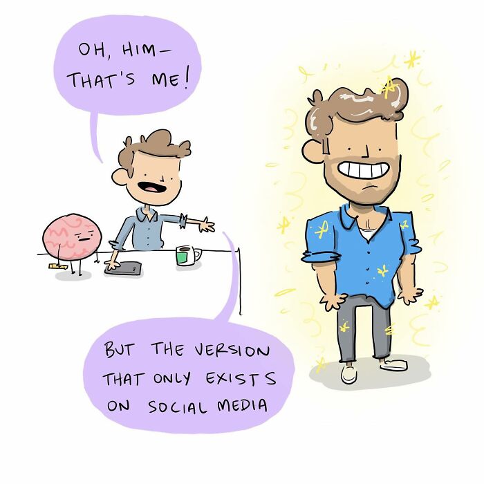 Funny comics showing a person ignoring their brain, which is drawing a colorful picture nearby.