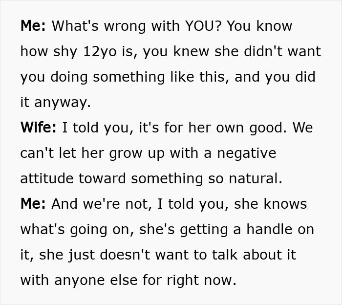 Alt text: Dialogue between parents debating the 12yo daughter's menstruation celebration and differing views on handling it. Alt text: Dialogue between parents debating the 12yo daughter's menstruation celebration and differing views on handling it.