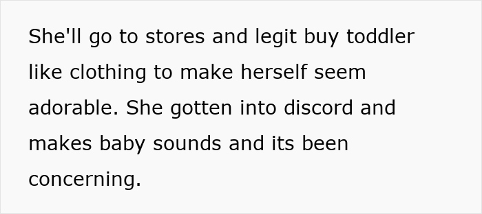 Text describing a woman obsessed with looking like an Asian child, including toddler clothing and baby sounds concerns. Text describing a woman obsessed with looking like an Asian child, including toddler clothing and baby sounds concerns.