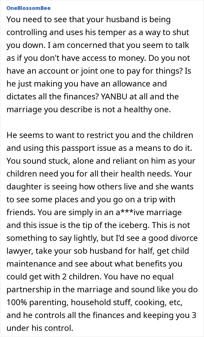Alt text: Husband says wife and kids aren't allowed passports due to financial control and inability to afford them in a troubled marriage. Alt text: Husband says wife and kids aren't allowed passports due to financial control and inability to afford them in a troubled marriage.