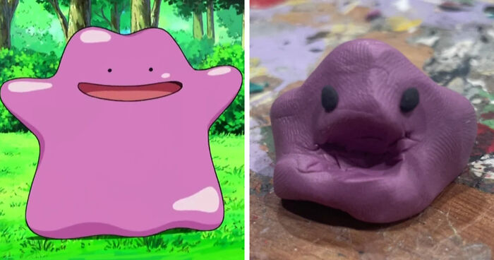 Comparison of a favorite Pokemon character and a poorly-made clay version of the same Pokemon figure on a table.
