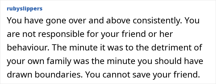 Comment text explaining setting boundaries after cutting off a friend who stayed in an abusive marriage. Comment text explaining setting boundaries after cutting off a friend who stayed in an abusive marriage.