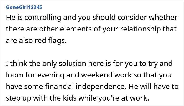 Text post discussing controlling husband and advice on gaining financial independence to address passport restrictions for wife and kids. Text post discussing controlling husband and advice on gaining financial independence to address passport restrictions for wife and kids.