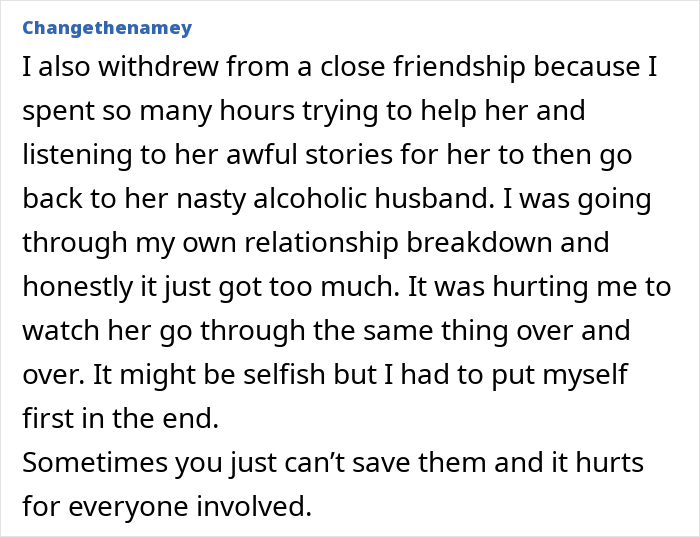 User text discussing cutting off a friend who stayed in an abusive marriage to protect their own well-being and mental health. User text discussing cutting off a friend who stayed in an abusive marriage to protect their own well-being and mental health.