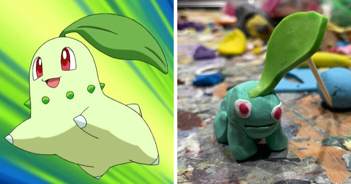 Comparison of a poorly-made favorite Pokemon clay figure next to its original animated version on a colorful background.
