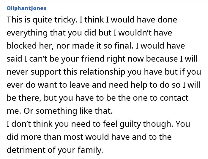 Comment on cutting off a friend who stayed in an abusive marriage, discussing support and boundaries in difficult relationships. Comment on cutting off a friend who stayed in an abusive marriage, discussing support and boundaries in difficult relationships.