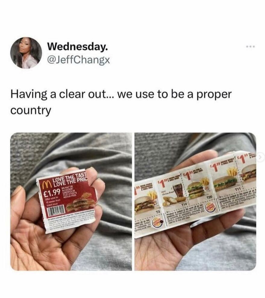 Hand holding McDonald's and Burger King coupons with humorous British humor meme about past proper country.