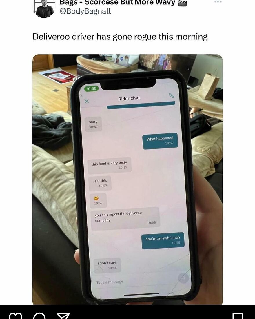 Smartphone screen showing a humorous Deliveroo rider chat meme, part of British humor memes collection.