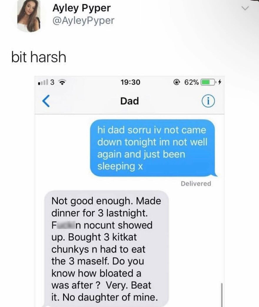 Text message exchange showing British humor with a harsh dad's reply about dinner and KitKat chunks.