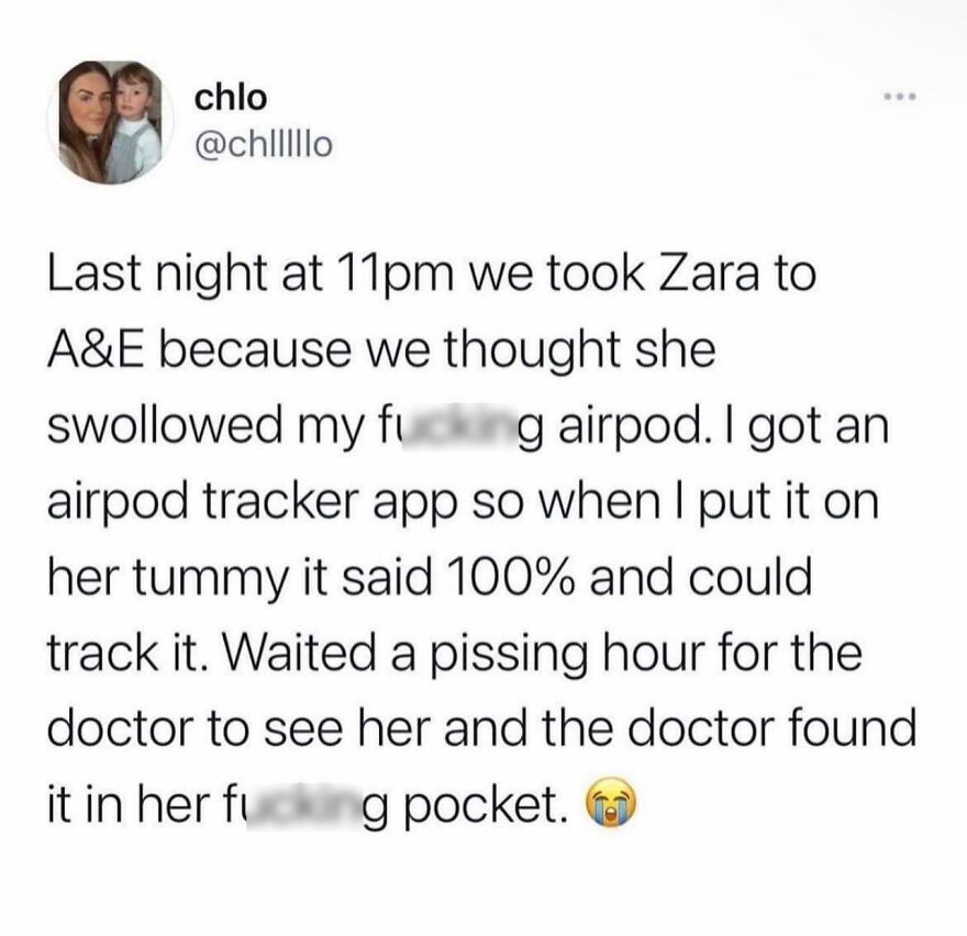 British humor meme about mistaking a swallowed AirPod, tracking it, and finding it in a pocket instead of the stomach.