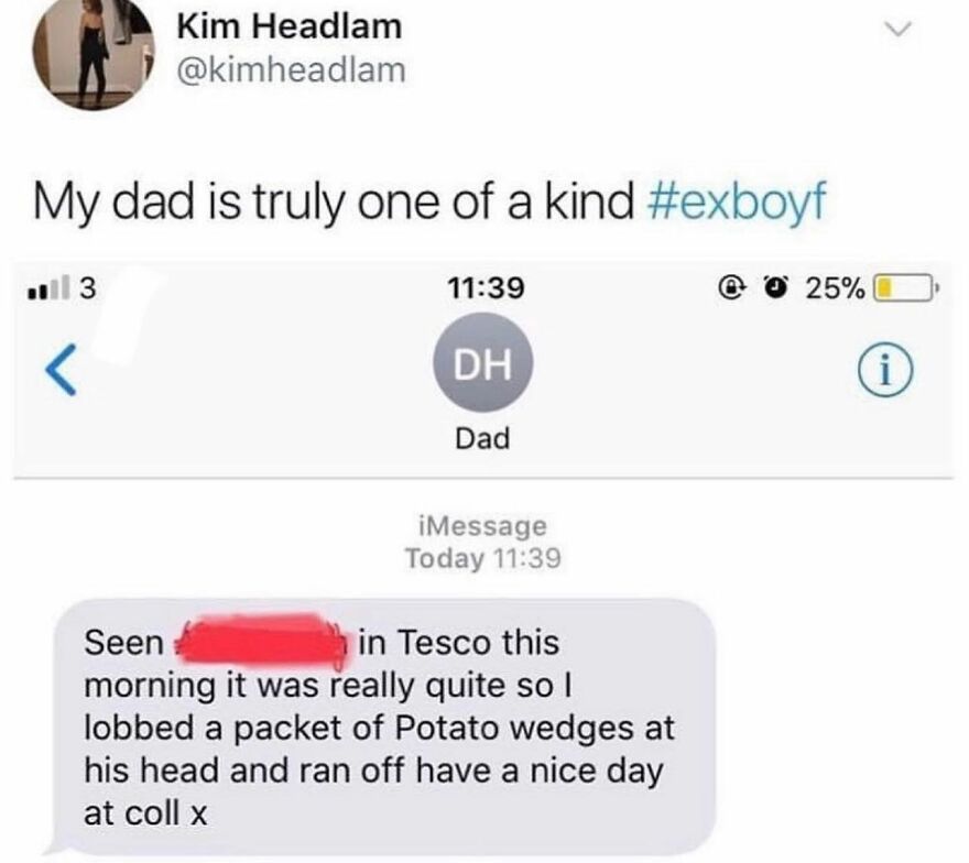 Screenshot of a humorous British text message from dad mentioning Tesco and potato wedges in daily British humor memes.