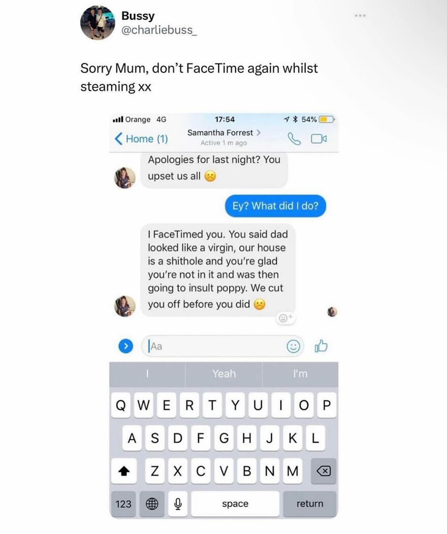 Text message screenshot showing a humorous British conversation with family using FaceTime and playful insults.