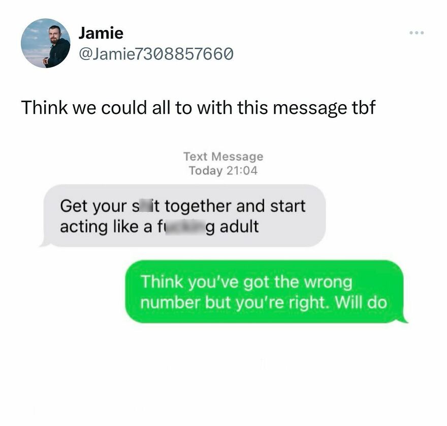 Text message meme showing a blunt reminder to act responsibly, reflecting British humor in everyday life.